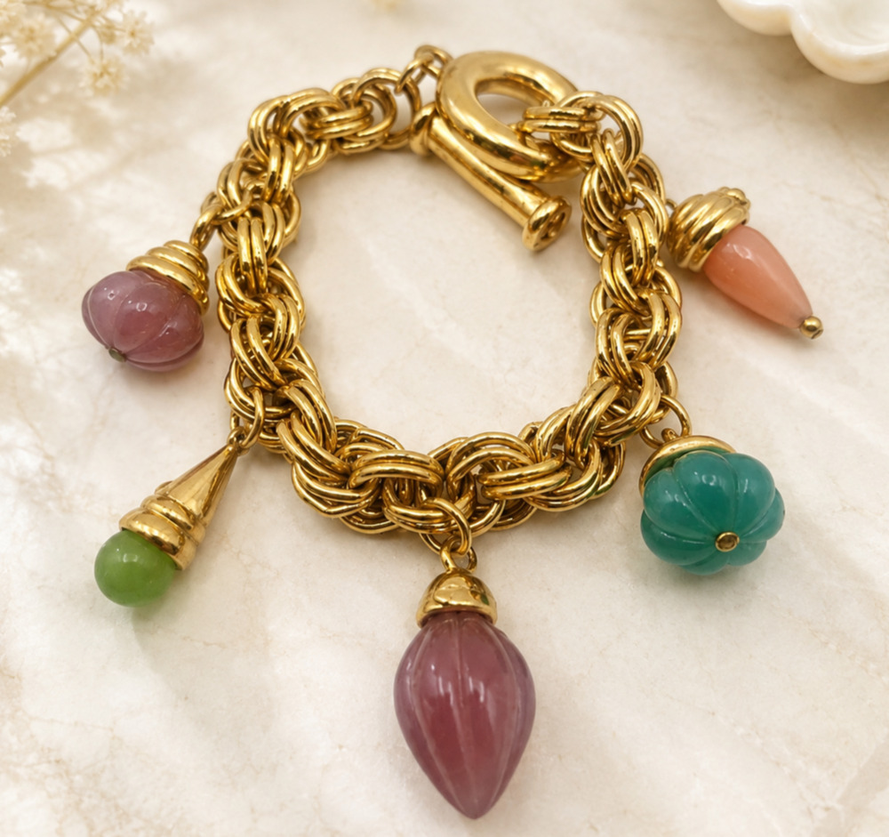 Vintage Jesara 3D Pastel Charm Bracelet Gold Tone Chunky Toggle Signed 1990s